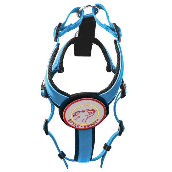 Brustgeschirr für Hunde - Patch&Style - Farbe Blau Türkis-Brustansicht - Hundegeschirr mit austauschbarem Klettverschluss Patch
